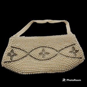 Vintage Pearl And Silver Bead Made in Japan Evening Handbag Purse Satin Lining